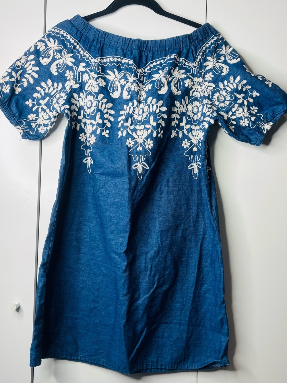Blue Off-Shoulder Embroidered Mini Dress